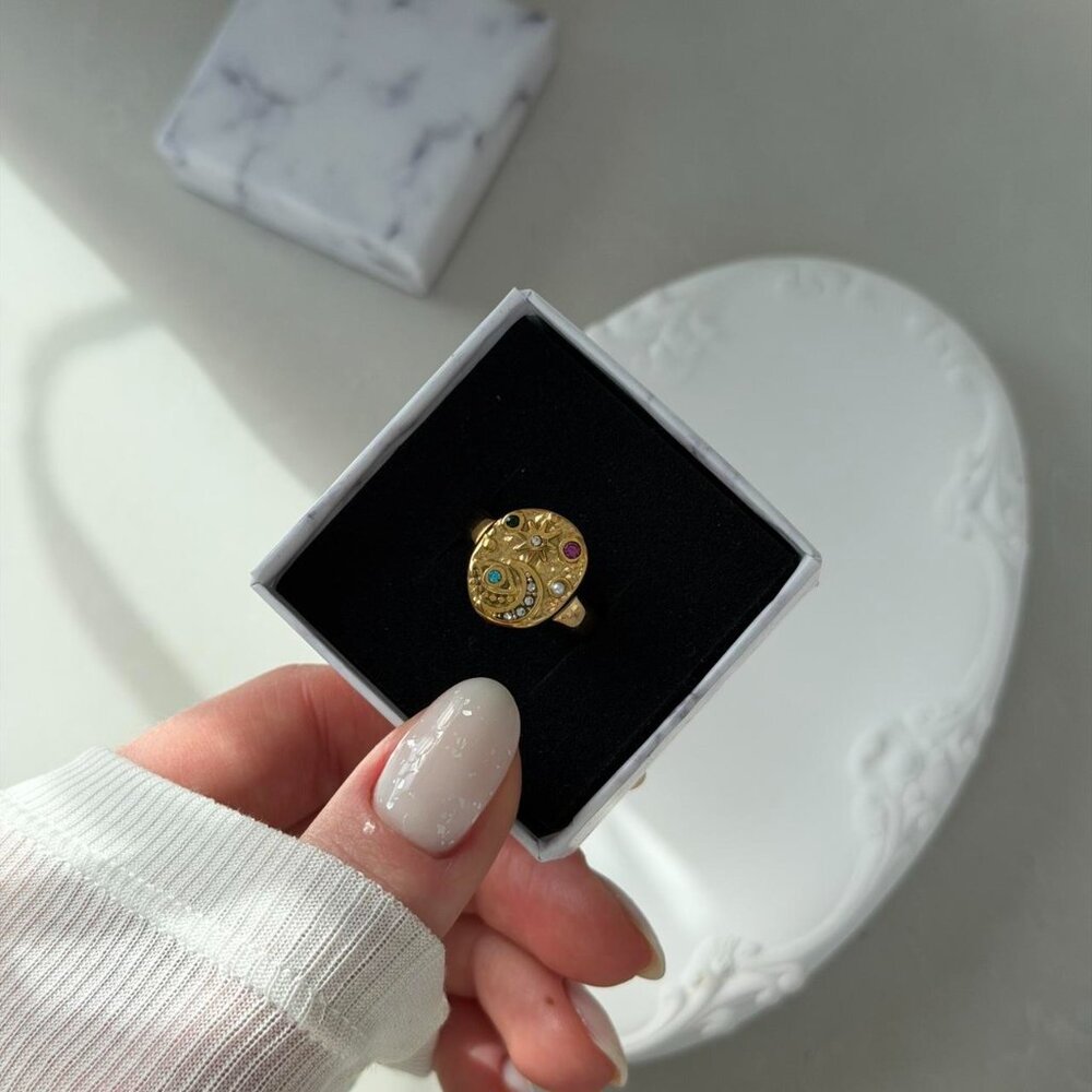 Sku0524 Retro Gold Gem Stone Women Moon/Star Shape Ring Stainless steel+gift box - Picture 5 of 5